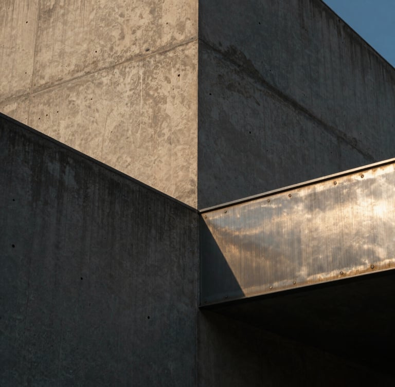 Close-up of raw textured concrete and brushed steel materials, dramatic low-sun casting long shadows, sharp architectural framing