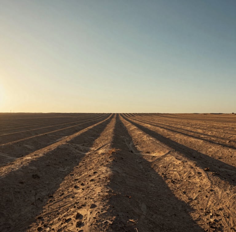 Low-angle wide shot of raw desert topography at golden hour, long shadows stretching across dry earth, sharp horizon line, cinematic editorial photography style.