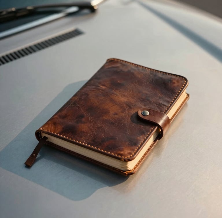 Tactile close-up of a vintage leather-bound logbook resting on a brushed aluminum car hood, warm low-sun casting long shadows, cinematic editorial photography.