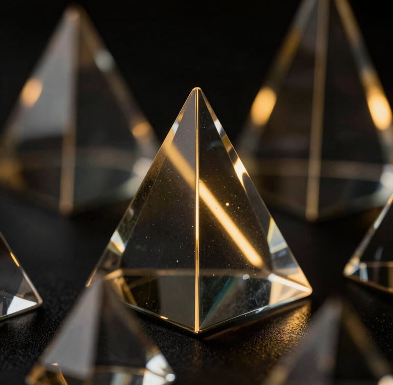 Macro close-up of dark glass geometric prisms refracting sharp gold light beams, low-key dramatic studio lighting, dark editorial tech photography