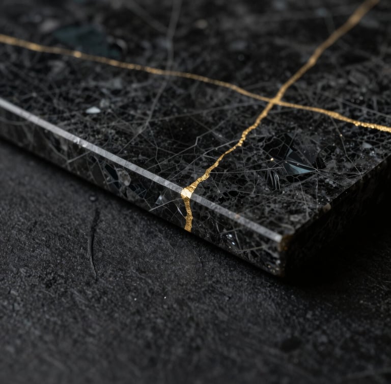 Macro shot of high-end architectural materials, dark obsidian stone with thin gold veins, dramatic directional key light