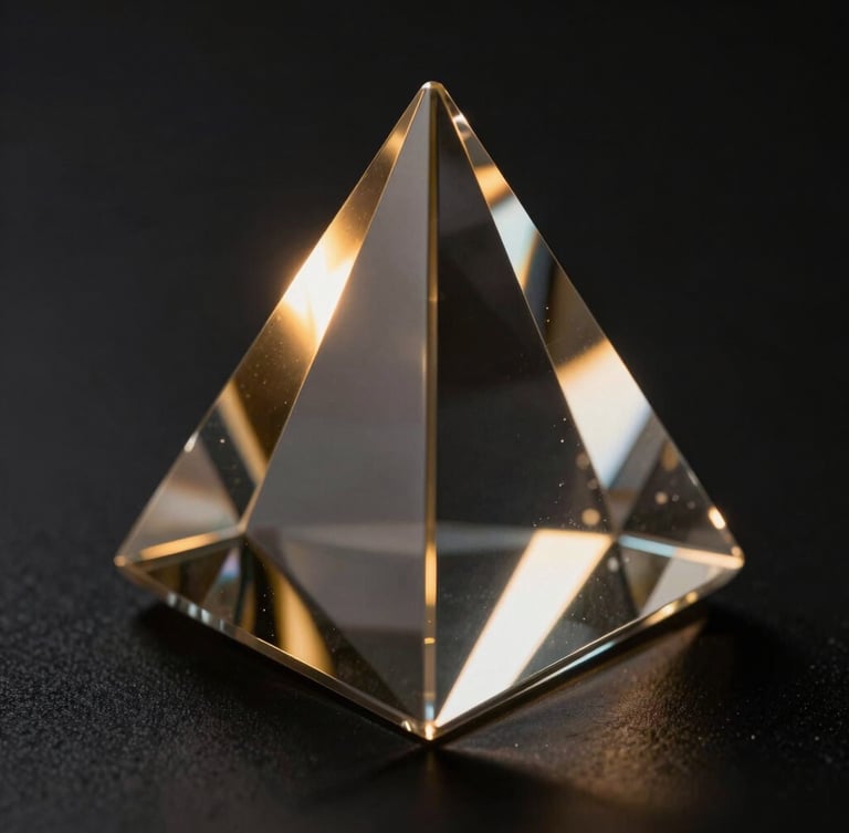 Portrait close-up of light refracting through a flawless dark glass prism, soft gold ambient glow, dark editorial tech photography