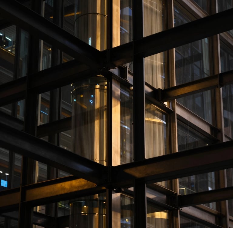 dark editorial tech photography of architectural steel and glass structures with sharp gold light reflections, macro depth of field