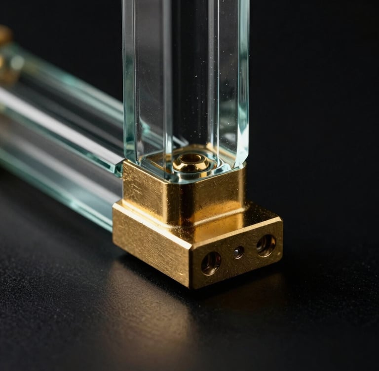 Portrait macro photograph of a heavy gold-tinted structural steel joint, dramatic low-key studio lighting, dark obsidian backdrop, sharp glass textures