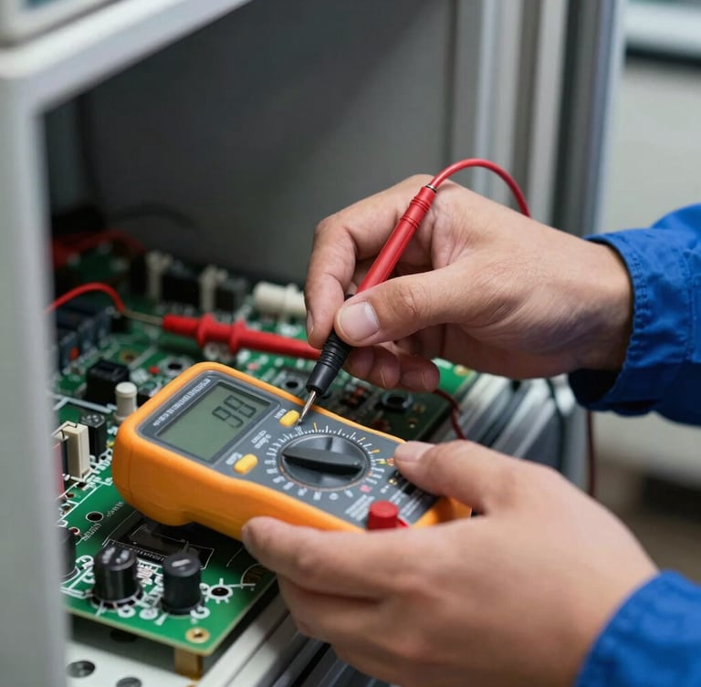 Macro close-up of a technician's hand in a blue uniform using a digital multimeter to test a refrigerator's electronic control board, crisp focused work light.