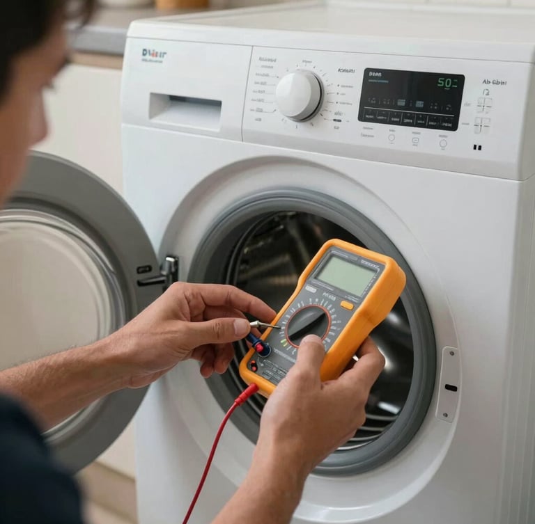 Close-up of a technician's hands using a digital multimeter to test the control board of a modern washing machine in a bright Abu Dhabi kitchen.