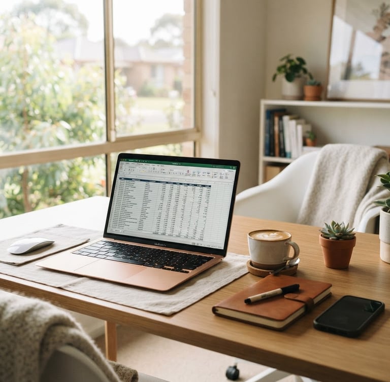A bright, clean Australian home office desk with a laptop displaying a structured financial spreadsheet under soft natural window light, shallow depth of field.