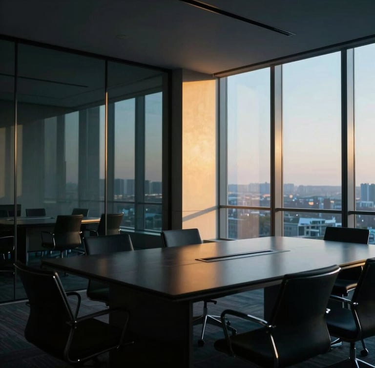 Wide environmental shot of a modern luxury boardroom with glass walls, deep blue shadows, dramatic golden hour light cutting through floor-to-ceiling windows, minimalist and clean