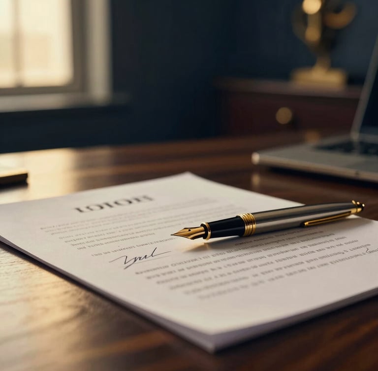 Close-up of a signed corporate contract with a premium gold fountain pen resting on it, luxury dark wood desk, warm golden lighting, shallow depth of field, professional legal atmosphere