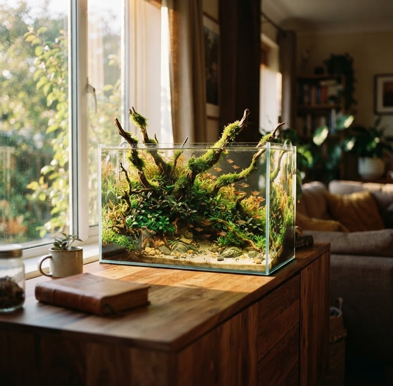 A warm sunlit living room with golden-hour light filtering through a window, illuminating a beautifully aquascaped glass tank with natural driftwood and lush green moss on a wooden credenza, 35mm film.