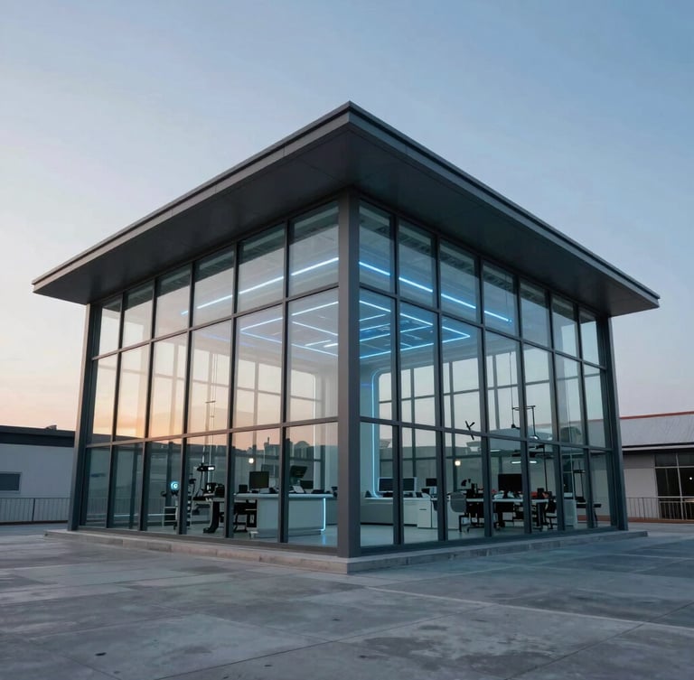 Wide-angle architectural view of a futuristic research pavilion, structural glass and steel, cool daylight with sharp electric blue linear lighting accents.
