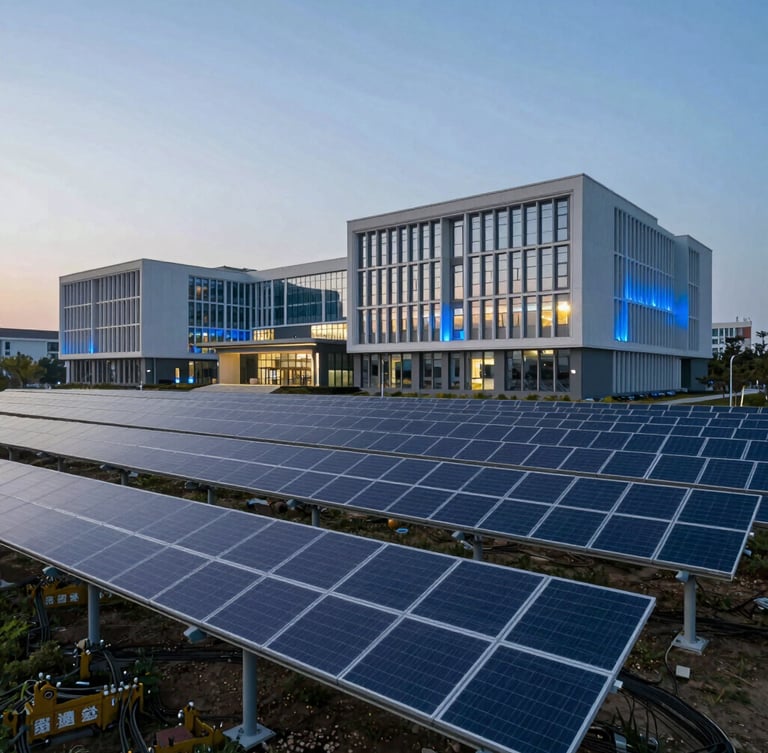 Cool crisp daylight illuminating a state-of-the-art clean energy array integrated with modern university architecture, subtle electric blue ambient light, wide angle