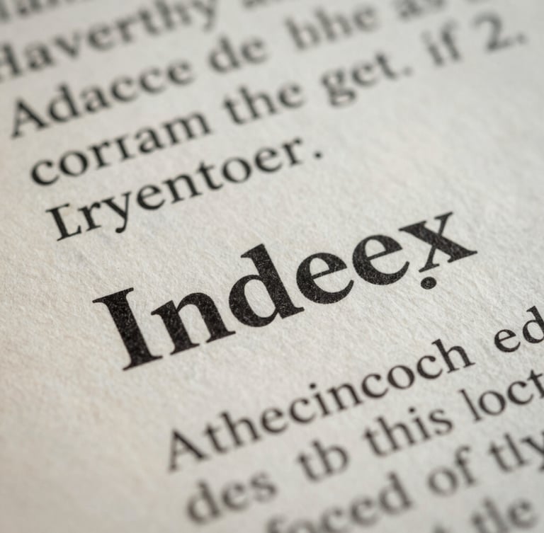 Macro photograph of a printed scientific index, crisp black serif typography on textured cream paper, shallow depth of field, cool daylight.