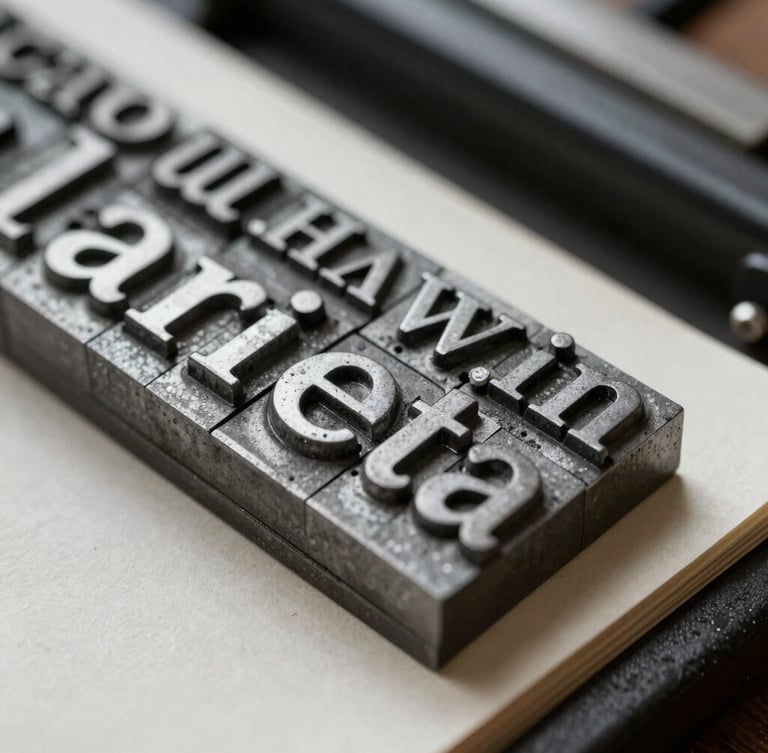 Macro photograph of historical printing press metal typeset, ink textures on cold-pressed paper, cool library lighting, sharp focus on editorial characters.