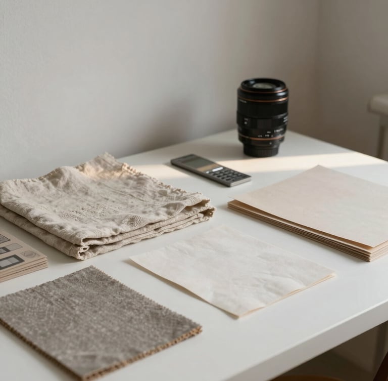 A quiet studio corner in Cheyenne with soft indirect northern daylight illuminating samples of linen, paper stocks, and architectural details on a white table