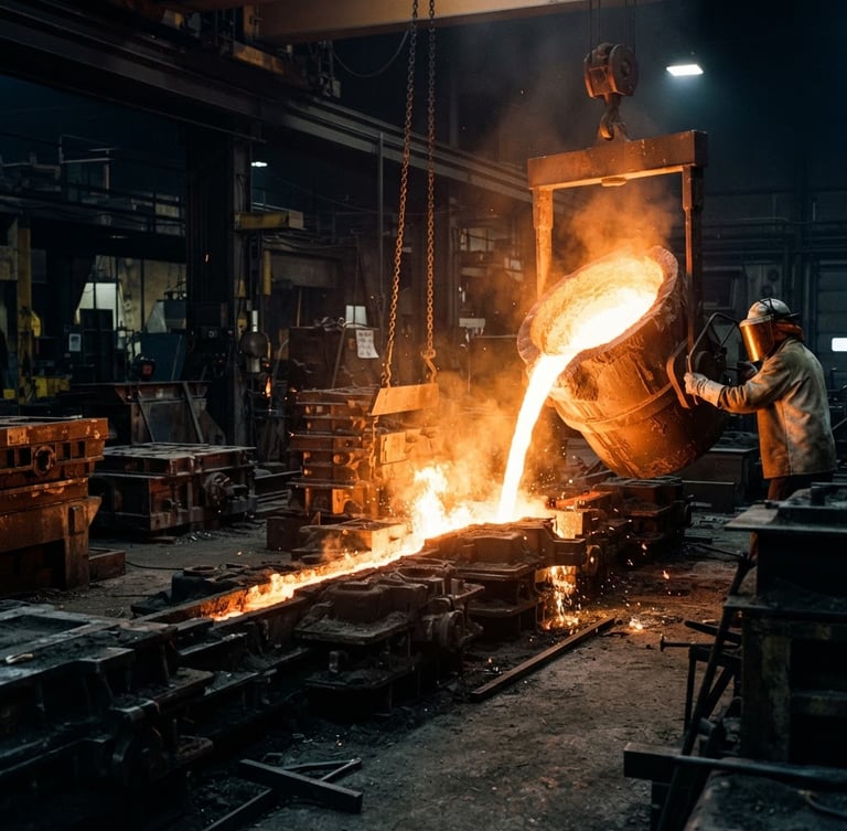 Dramatic industrial photography of a molten metal pour on the right, intense orange glow of liquid steel reflecting off dark workshop molds, sharp focus, 35mm lens