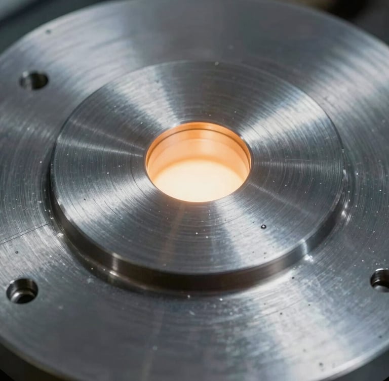 Extreme close-up of a machined metal surface showing precise circular milling patterns, cool metallic light, sharp focus, 35mm lens