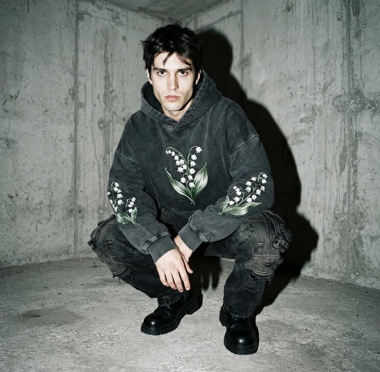 Model in heavyweight graphic hoodie with lily of the valley embroidery, shot with high-contrast direct flash against a raw concrete wall, desaturated tones, 35mm film grain, low-angle wide shot.