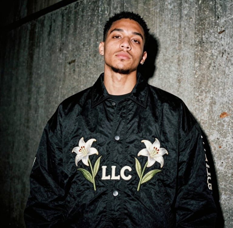 Gritty portrait of a young subculture collector, wearing a Money Gang LLC heavyweight garment with visible lily of the valley embroidery, standing in a raw urban alleyway, high-contrast direct flash, 35mm film grain, low-angle shot, portrait aspect.