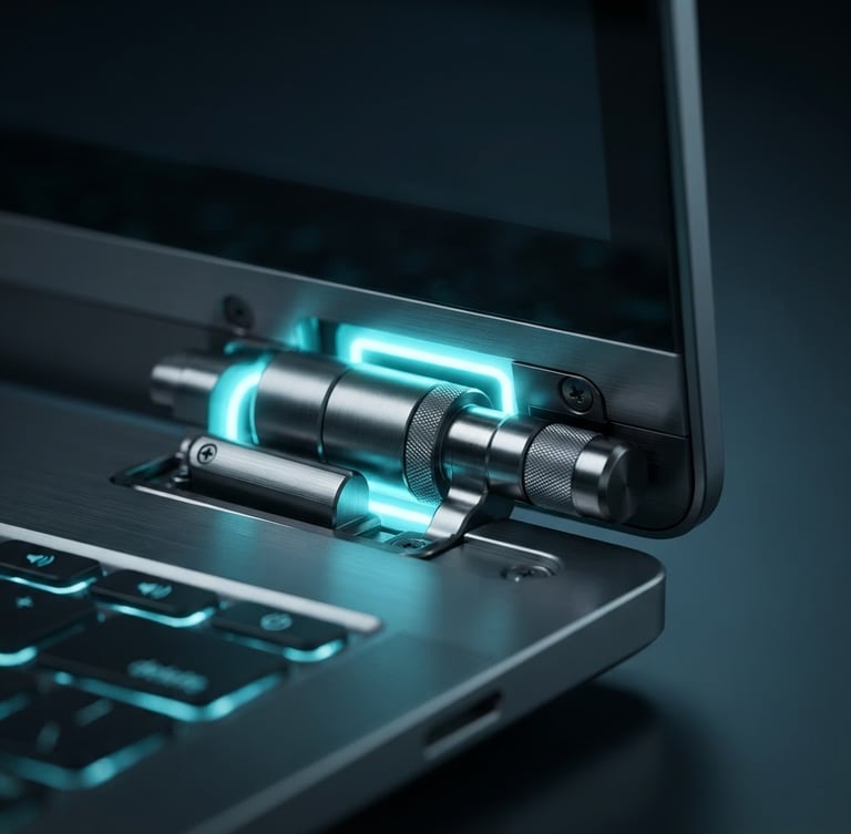 Sleek modern laptop hinge with cool electric-cyan neon backlighting, metallic textures, sharp focus, portrait studio shot