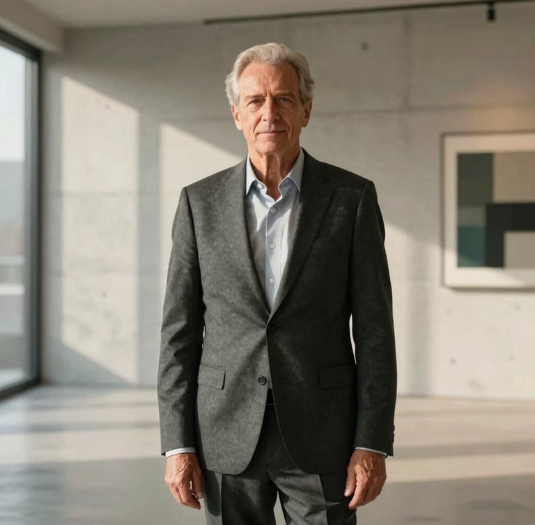 A refined portrait of a senior real estate partner in a tailored charcoal suit, standing in a sunlit modern gallery with concrete walls, soft side lighting, 35mm