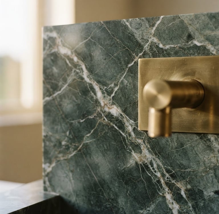 Tactile close-up of premium green marble veining against brushed brass fixtures, soft morning side light, 35mm architectural detail