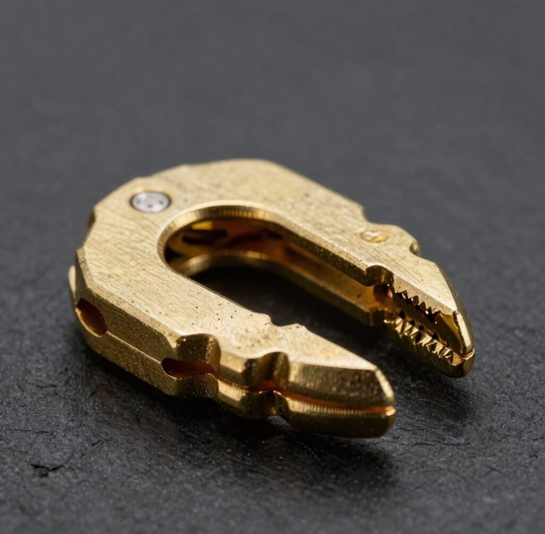 Extreme macro portrait of interlocking raw brass claw clip teeth, high-contrast directional studio lighting highlighting metallic luster and precise mechanical alignment, dark slate background.