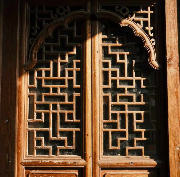 Dignified close-up of traditional carved wooden archway, warm golden-hour sunlight filtering through intricate geometric patterns, rich deep tones, 35mm.