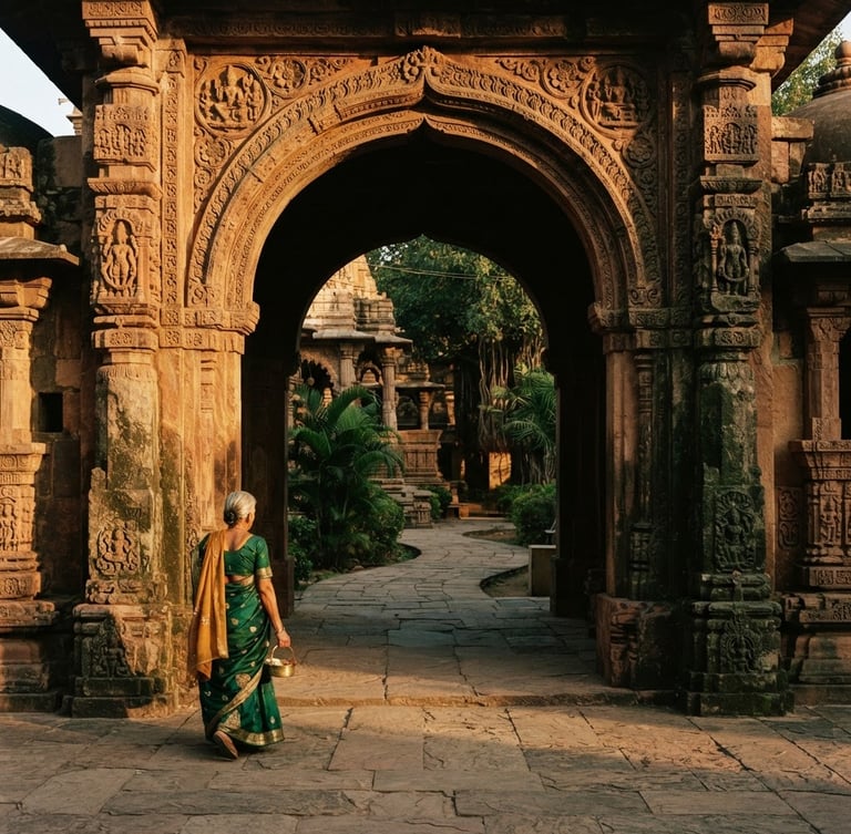 Warm editorial photography of an ancient South Asian stone archway, soft golden hour light casting long shadows, rich deep emerald and ochre tones, elegant heritage aesthetic, 35mm.