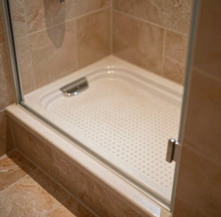 Close-up of a luxurious level-access walk-in shower tray with textured non-slip surface, warm terracotta tiles, soft natural morning daylight, 35mm photography