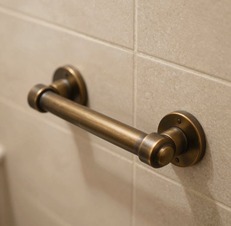 Detailed close-up of a matte bronze grab bar mounted on a warm beige tiled wall, soft natural bathroom light, high-contrast, elegant craftsmanship, 35mm.