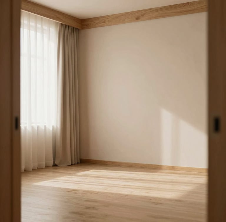Wide shot of a calm, warm minimalist therapy room with oak wood accents and soft beige curtains, diffused daylight