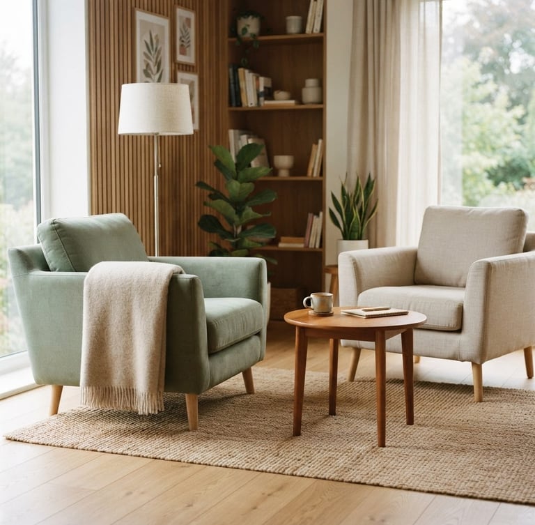 Soft diffused daylight, warm interior of a modern calm therapy room with two comfortable chairs facing each other, natural wooden textures, 35mm photography