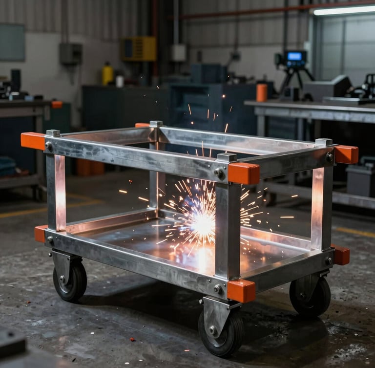 Industrial workshop photography, dramatic high-contrast workshop lighting, sharp focus on a heavy-duty steel food cart chassis under welding sparks, cool steel tones, safety-orange accents