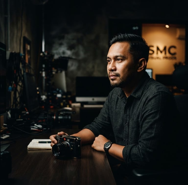 Dramatic high-contrast portrait of Andi Siboro, Founder & Creative Director of SMC Visual Prods, looking thoughtfully off-camera, deep shadows, cinematic lighting, warm moody tones, anamorphic lens, 35mm grain, positioned to the right.