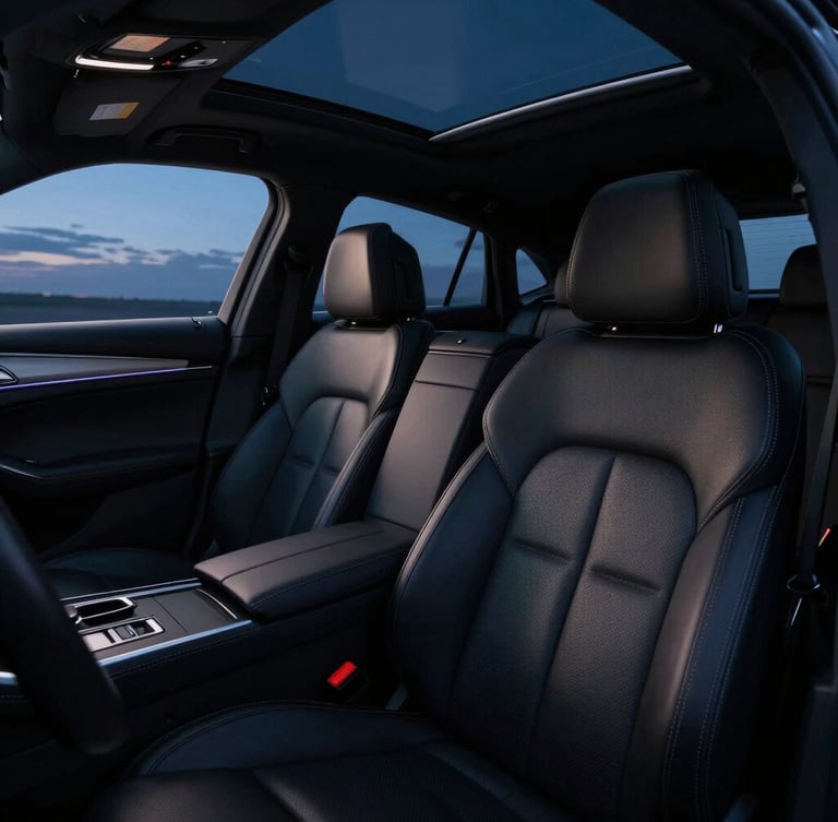 Close-up interior shot of a clean, luxurious black sedan, showing leather seats and subtle ambient lighting, captured with a wide-angle lens at blue hour, sharp details.