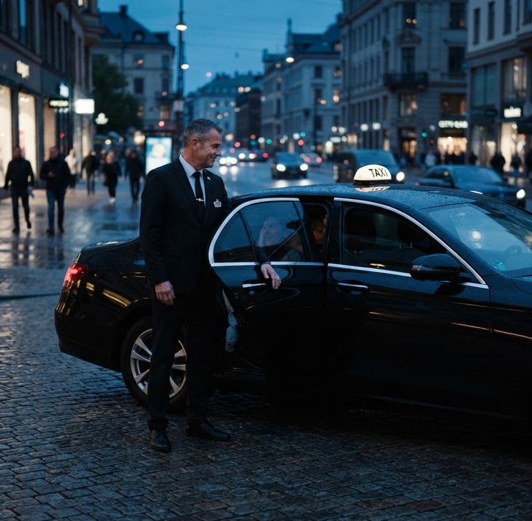 Professional taxi driver in neat uniform opening the door of a spotless modern black sedan at dusk, cinematic blue-hour lighting, deep midnight tones, sharp details, 35mm lens, realistic