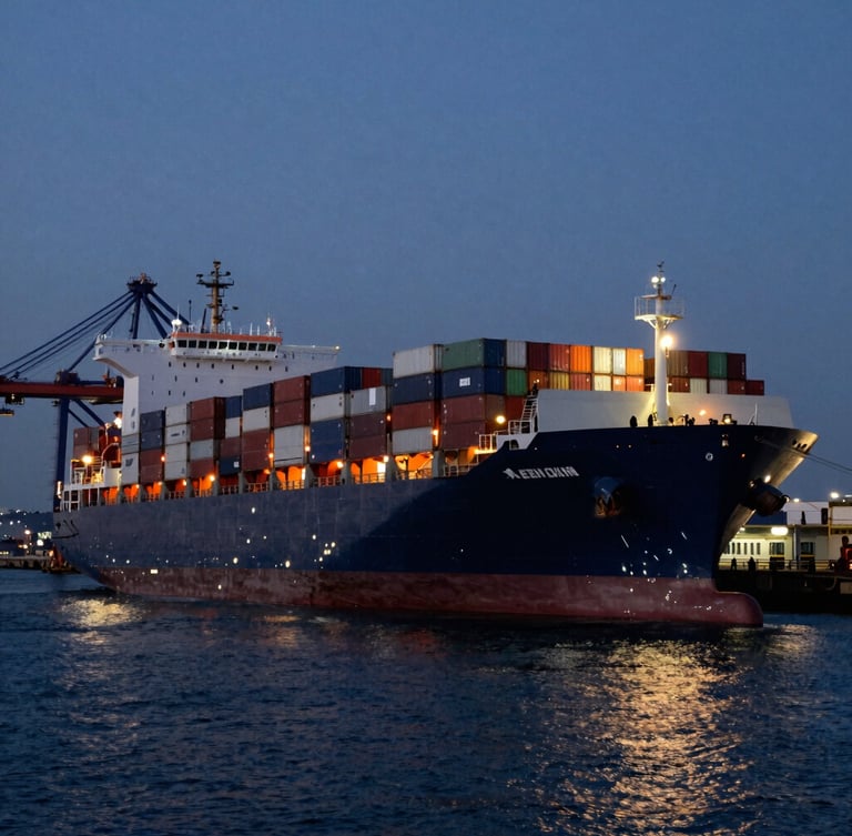 Cinematic industrial photography of a massive container ship docked at a deep-water port during twilight, sharp focus, 35mm lens, safety-orange accent lights reflecting on dark navy water.
