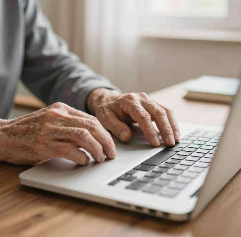 A close-up of patient hands gently guiding an older hand on a laptop trackpad, warm indoor lighting, soft focus, professional 35mm photography.