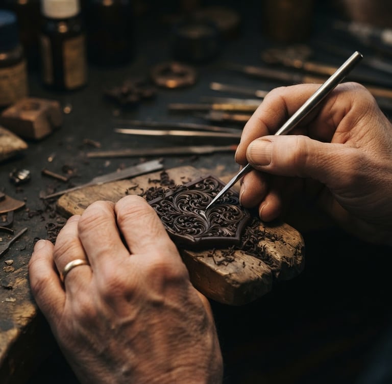 Close-up of a master jeweler's hands meticulously carving intricate gold filigree onto a wax mold, warm directional side-lighting, rich champagne and deep charcoal tones, macro depth of field.