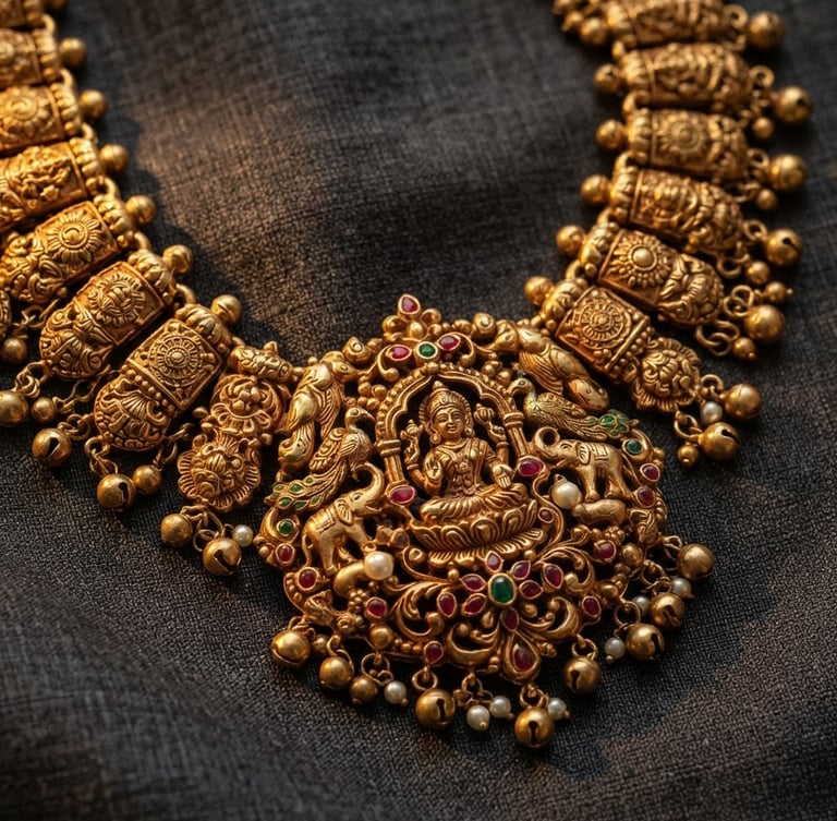 Macro shot of a solid, heavy 22kt gold temple necklace, intricate ancestral motifs, warm directional side-lighting, rich champagne tones, extreme depth of field, showcasing texture and weight.
