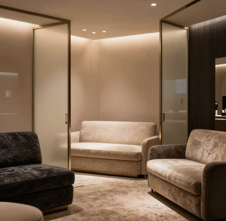 Portrait shot of a softly lit, empty, elegant private showroom suite, warm directional side-lighting, frosted glass partitions, plush seating, deep charcoal and ivory tones, emphasizing exclusivity and intimacy.