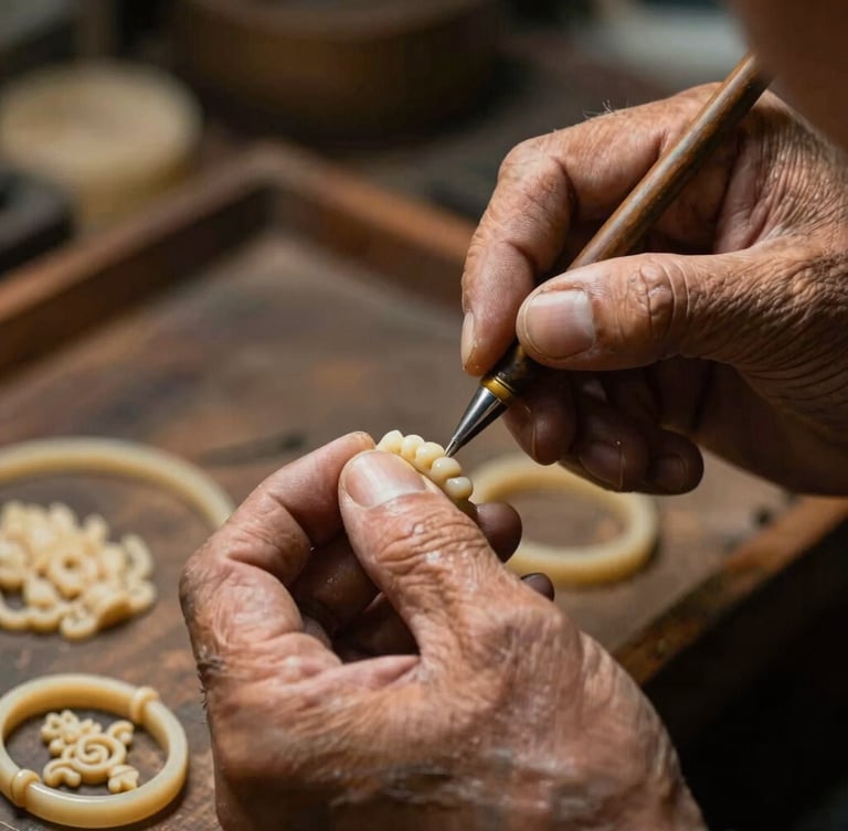 Portrait-oriented close-up of master craftsman's hands, aged and skilled, delicately detailing a wax mold for a temple jewelry motif, warm directional side-lighting, rich textures, deep charcoal and champagne gold tones, authentic, focused.