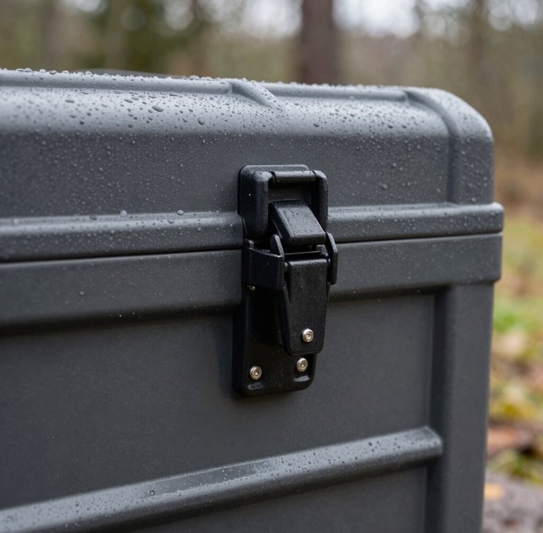Close-up detail shot of heavy-duty black steel latches on a rugged charcoal portable tool chest, weathered with raindrops, natural overcast daylight, sharp focus, 35mm lens.