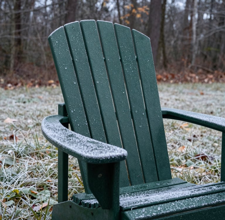 Close-up of a deep forest green Adirondack chair on a frost-covered lawn during a crisp autumn morning, showing morning dew beads on the thick textured resin surface, 35mm lens.