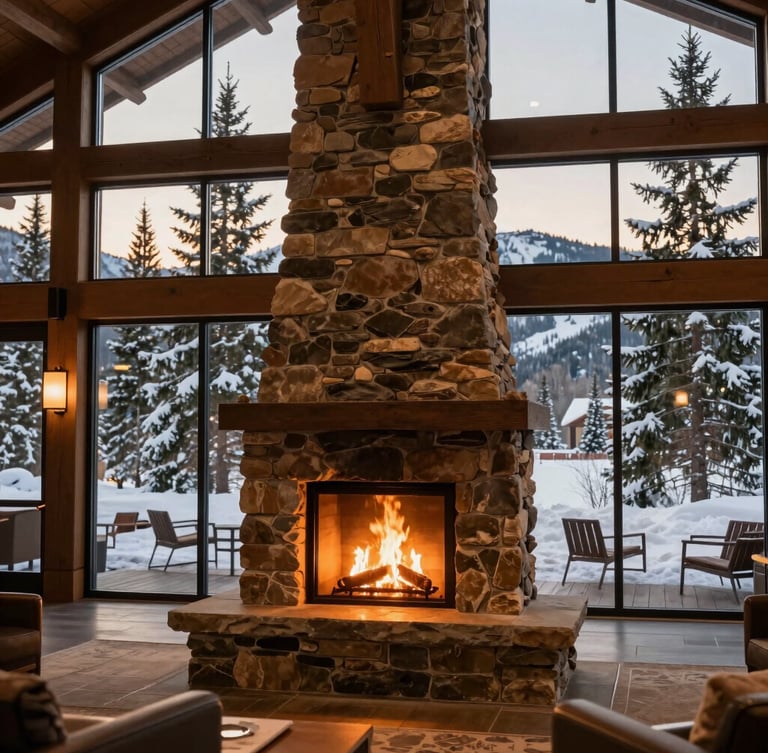 A warm, glowing stone hearth inside the modern clubhouse of a luxury resort, large glass windows showing snow-dusted pine trees and mountain wilderness outside at twilight, 35mm editorial photography