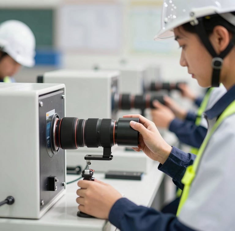 A close-up shot of technical vocational training, a student in safety gear operating industrial equipment under bright daylight, sharp focus, 35mm lens.