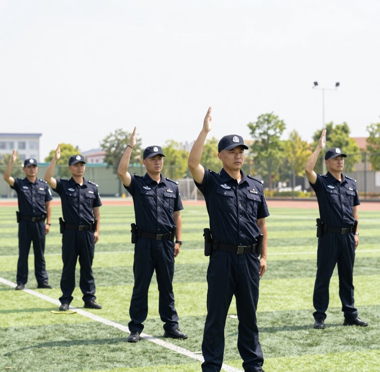 Professional environmental portrait of security instructors demonstrating safety protocols in a designated open-air field at the Sisga club.