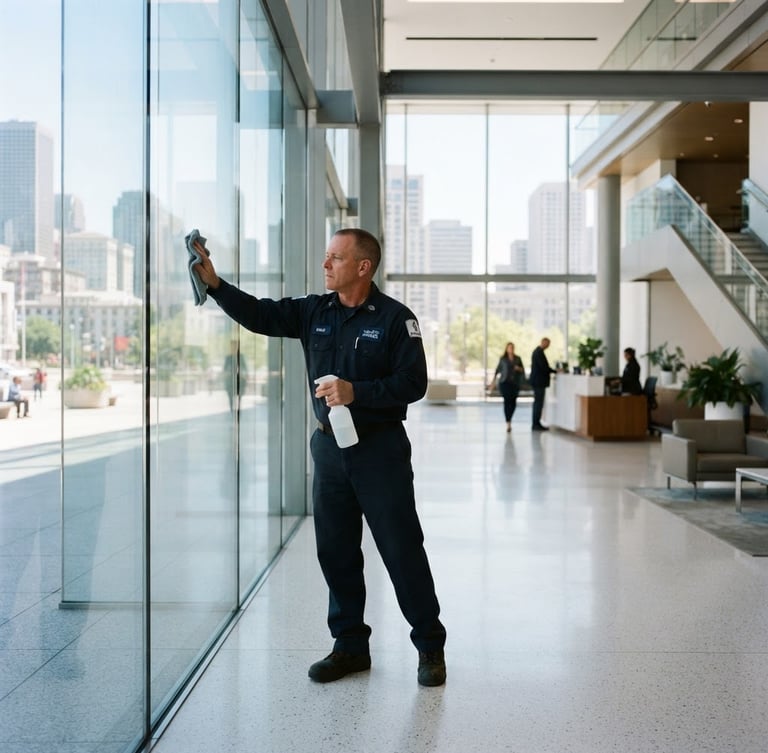 Professional uniformed maintenance worker cleaning a modern corporate glass lobby, bright natural daylight, sharp focus, 35mm lens