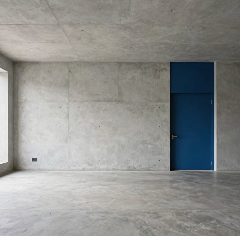 Wide architectural shot of a modern clean concrete workspace in Hyderabad, soft natural daylight, minimalist lines, 35mm
